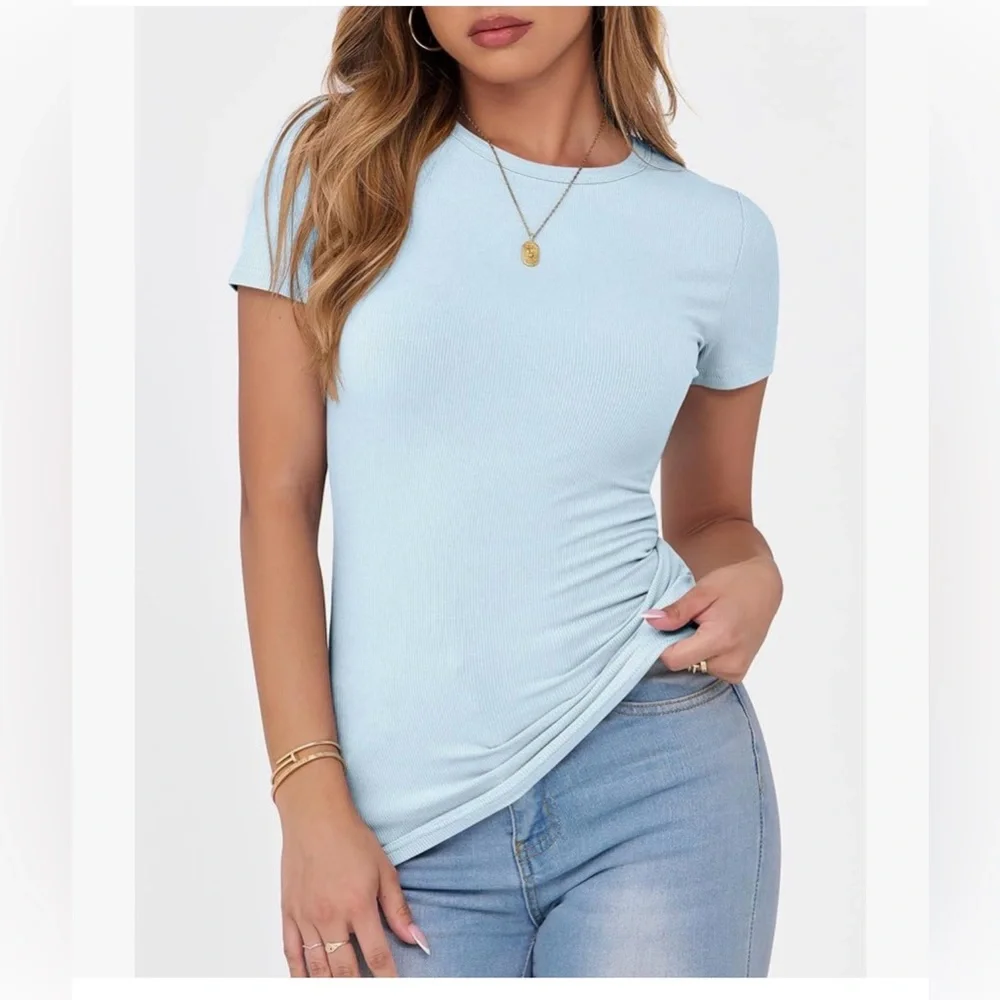 NWT Ribbed Short-Sleeve Sky Blue Ribbed Tee-M - Picture 2 of 12